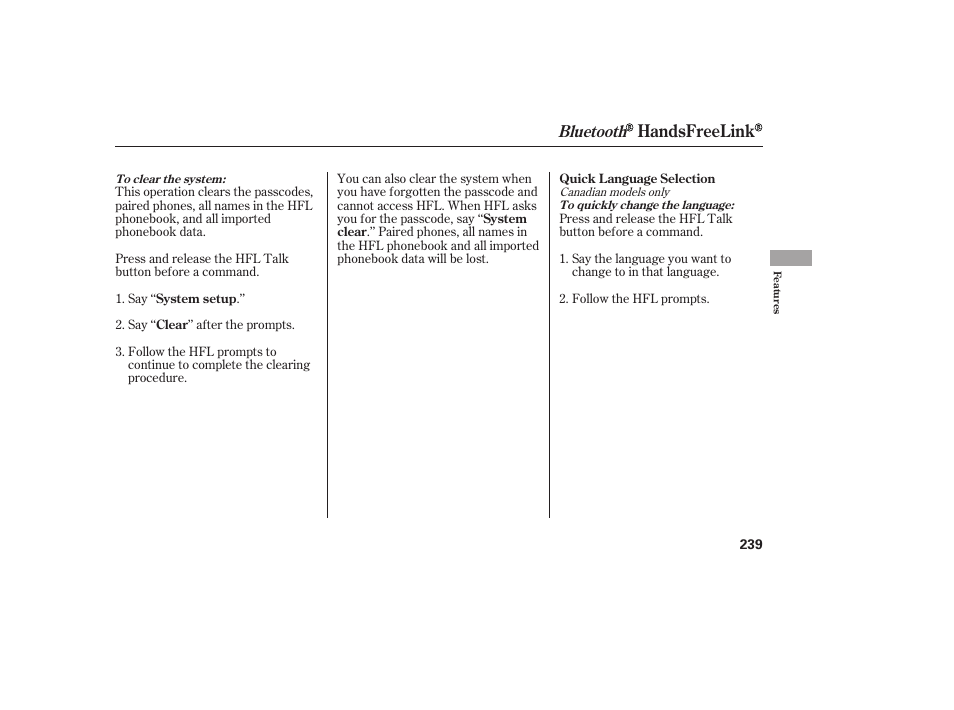 Handsfreelink, Bluetooth | HONDA 2013 Ridgeline User Manual | Page 247 / 424