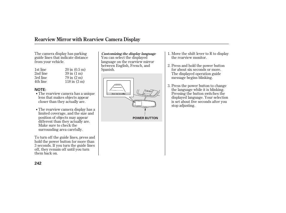 Rearview mirror with rearview camera display | HONDA 2013 Ridgeline User Manual | Page 250 / 424