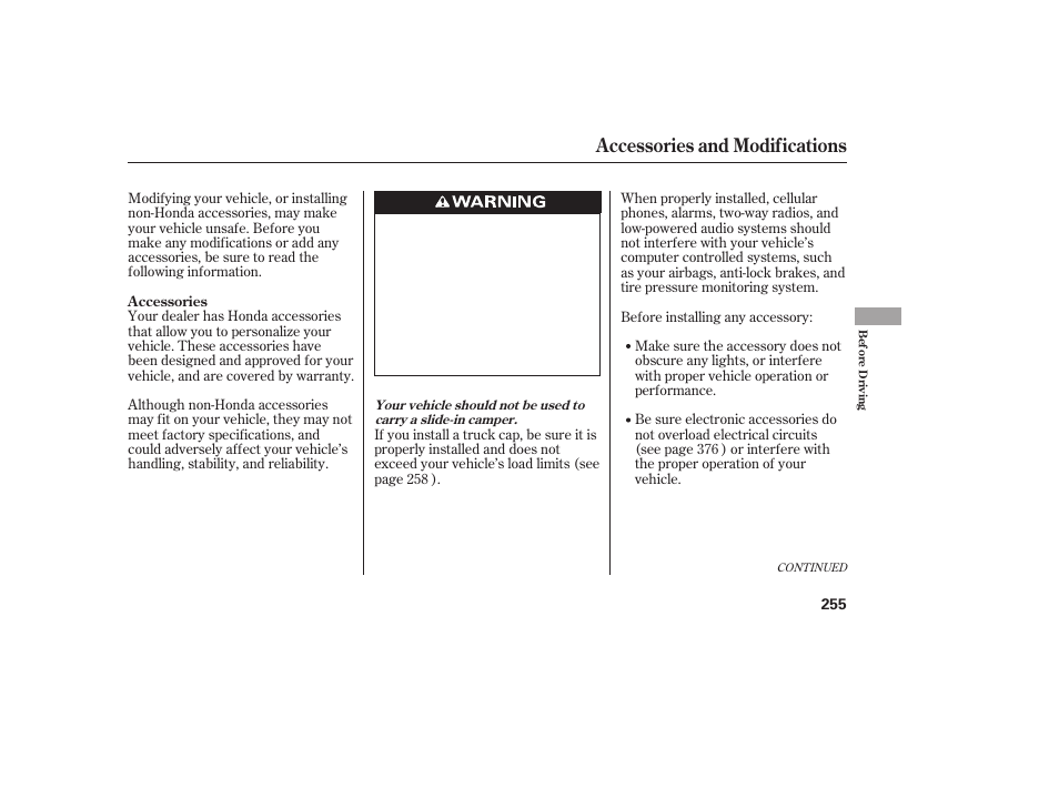 Accessories and modifications | HONDA 2013 Ridgeline User Manual | Page 263 / 424