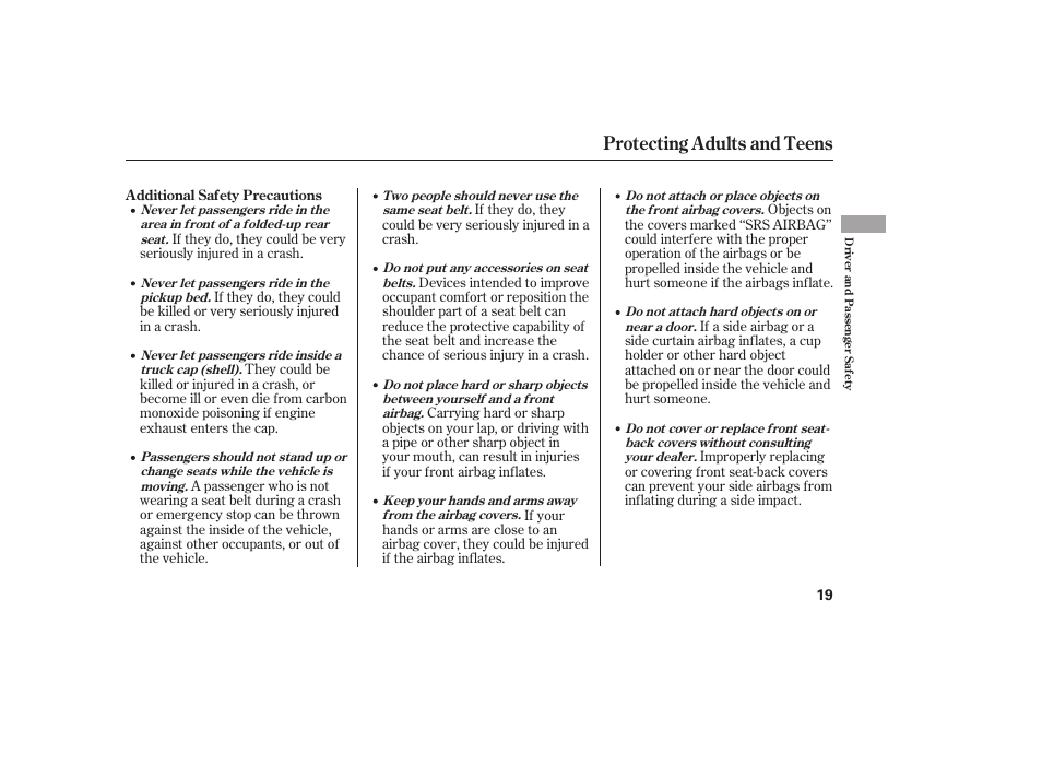 Protecting adults and teens | HONDA 2013 Ridgeline User Manual | Page 27 / 424