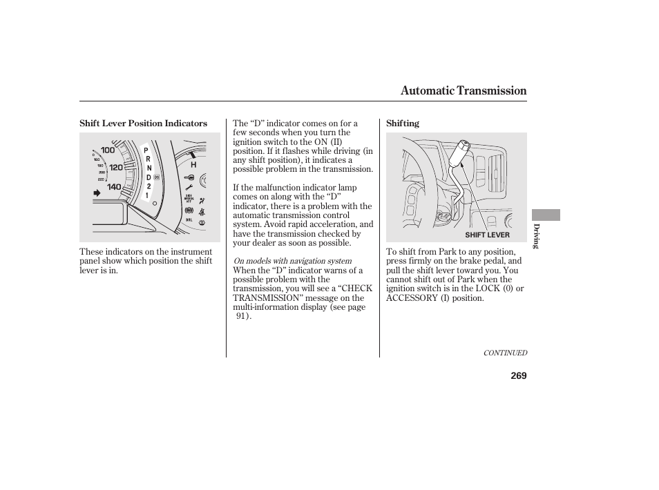 Automatic transmission | HONDA 2013 Ridgeline User Manual | Page 277 / 424