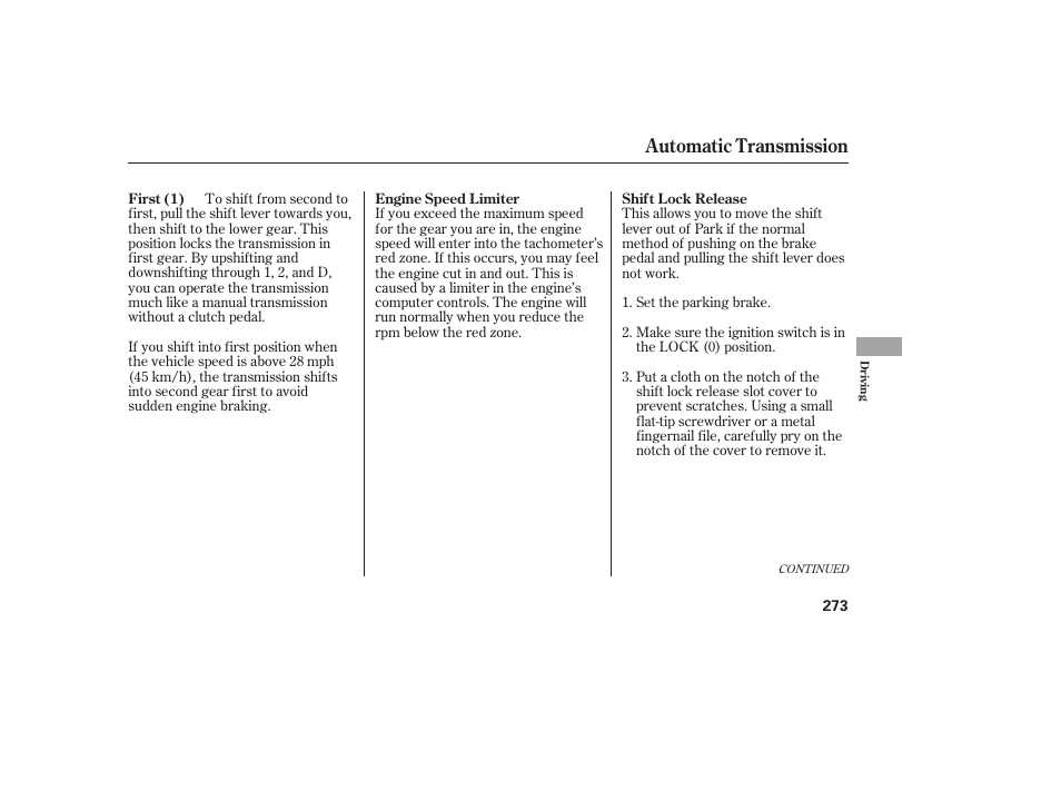 Automatic transmission | HONDA 2013 Ridgeline User Manual | Page 281 / 424