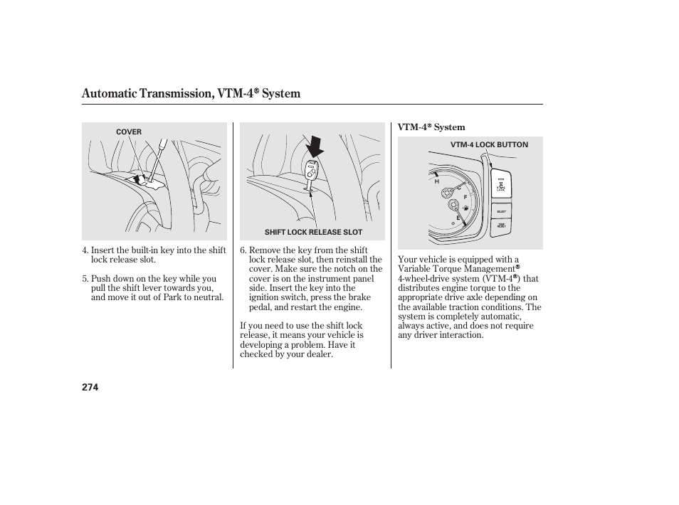 Automatic transmission, vtm-4 system | HONDA 2013 Ridgeline User Manual | Page 282 / 424