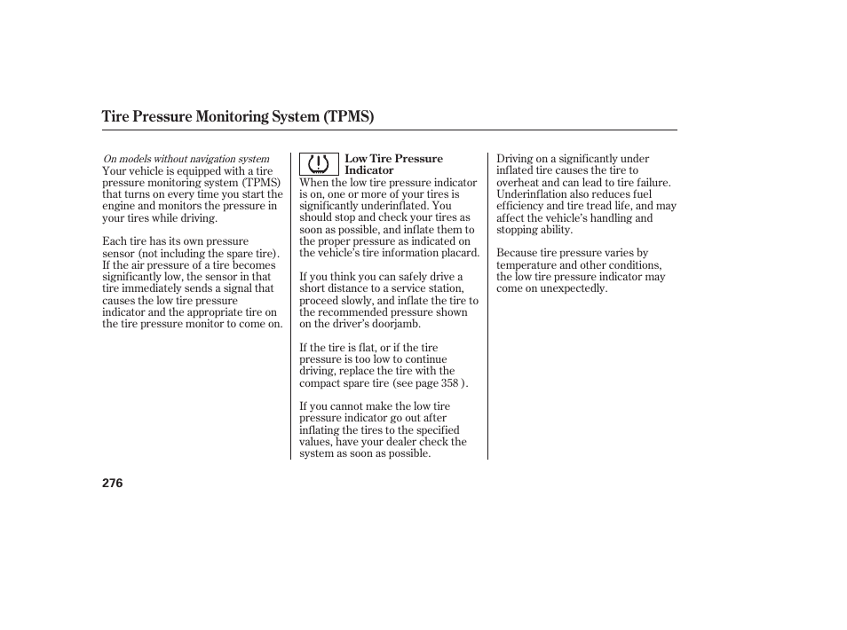 Tire pressure monitoring system (tpms) | HONDA 2013 Ridgeline User Manual | Page 284 / 424