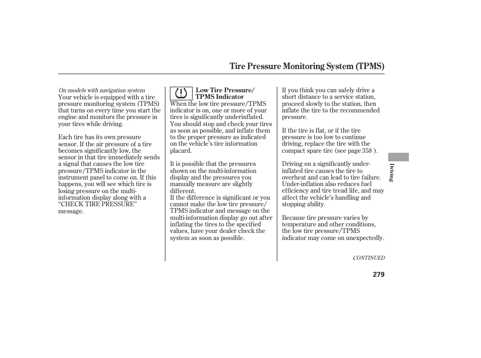 Tire pressure monitoring system (tpms) | HONDA 2013 Ridgeline User Manual | Page 287 / 424