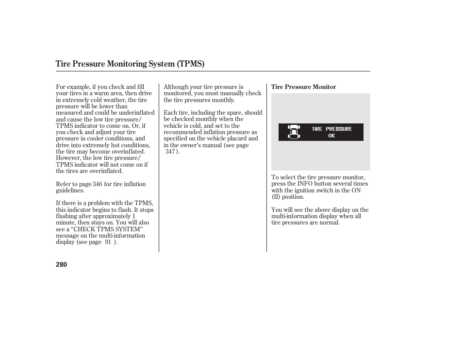 Tire pressure monitoring system (tpms) | HONDA 2013 Ridgeline User Manual | Page 288 / 424