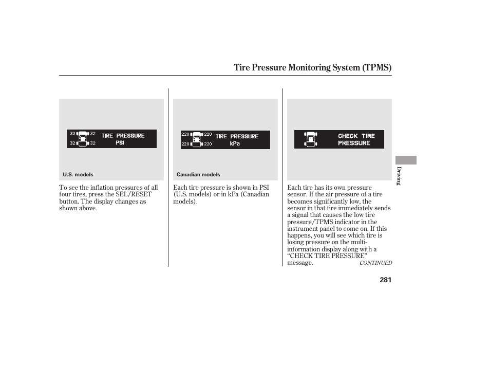 Tire pressure monitoring system (tpms) | HONDA 2013 Ridgeline User Manual | Page 289 / 424