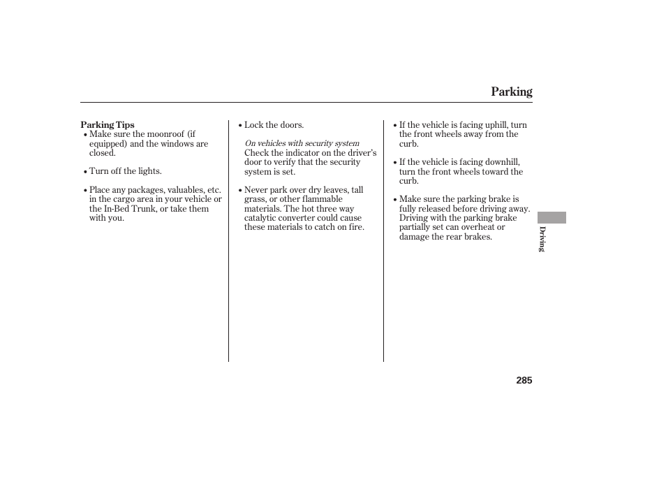 Parking | HONDA 2013 Ridgeline User Manual | Page 293 / 424