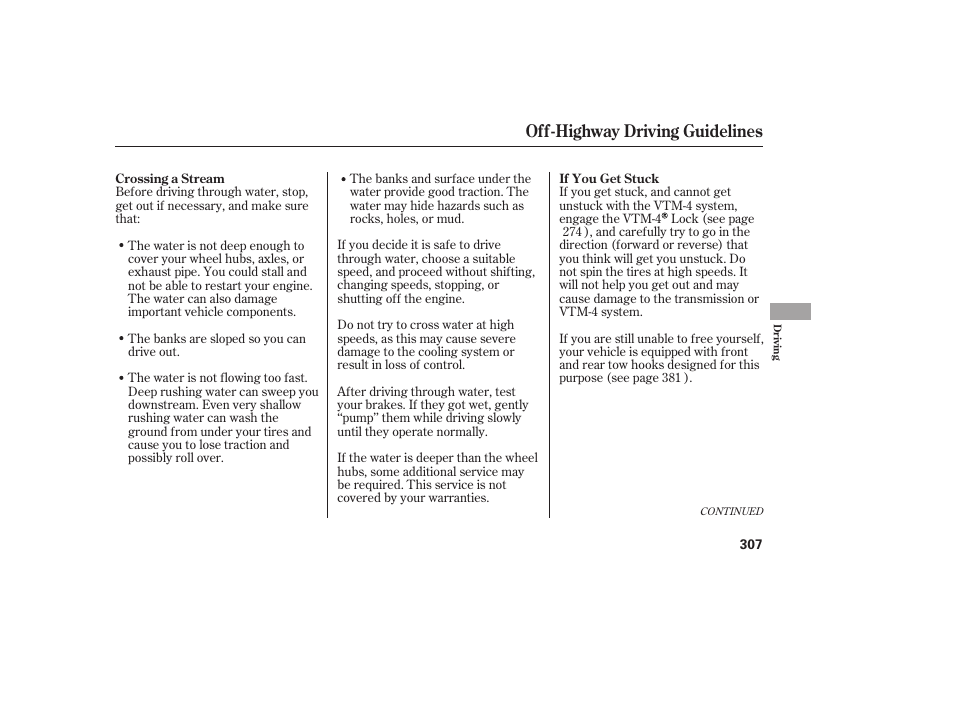 Off-highway driving guidelines | HONDA 2013 Ridgeline User Manual | Page 315 / 424