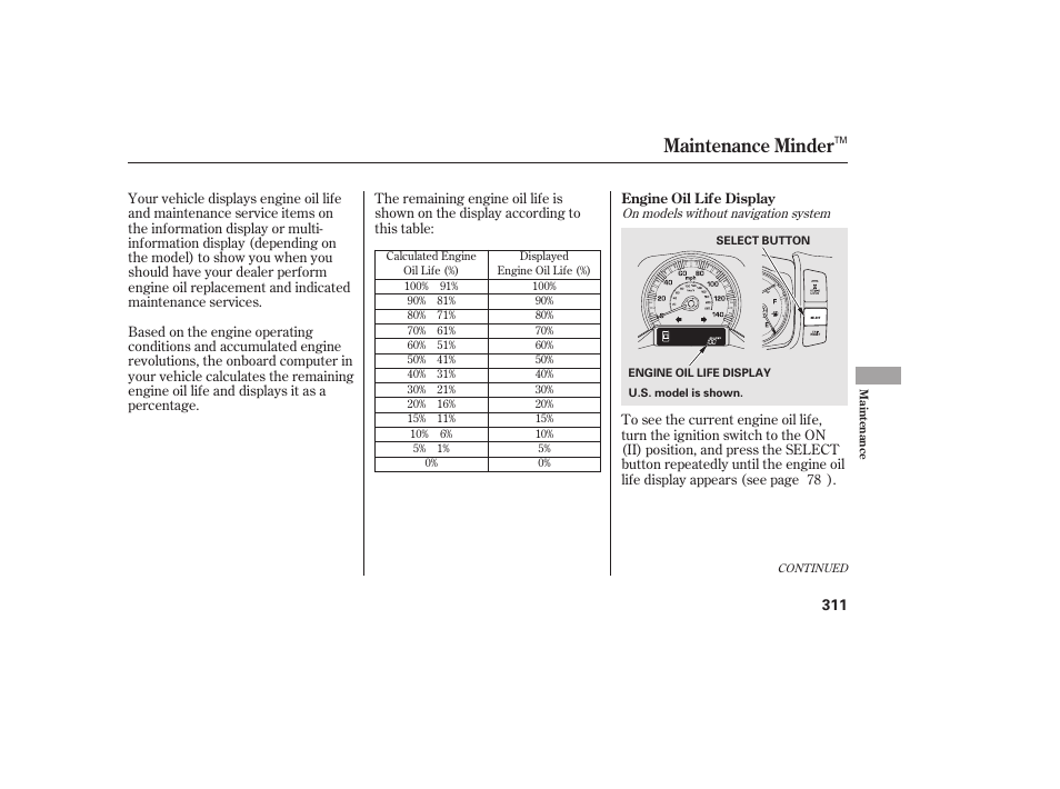 Maintenance minder | HONDA 2013 Ridgeline User Manual | Page 319 / 424