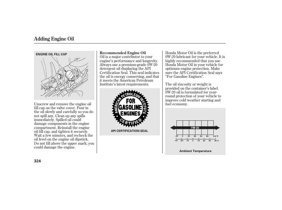 Adding engine oil | HONDA 2013 Ridgeline User Manual | Page 332 / 424