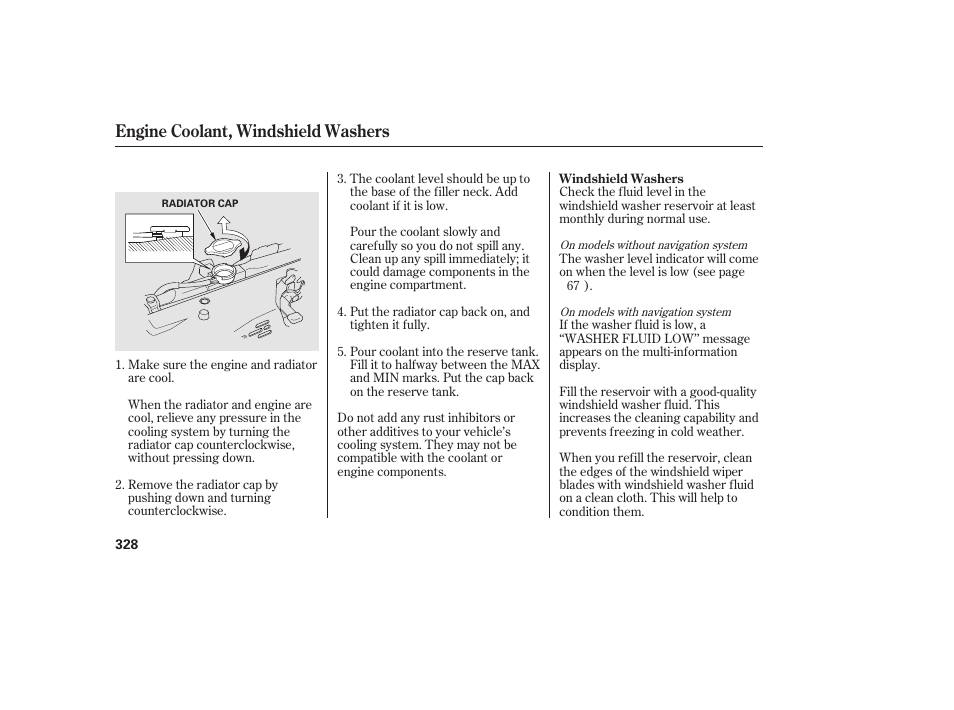 Engine coolant, windshield washers | HONDA 2013 Ridgeline User Manual | Page 336 / 424