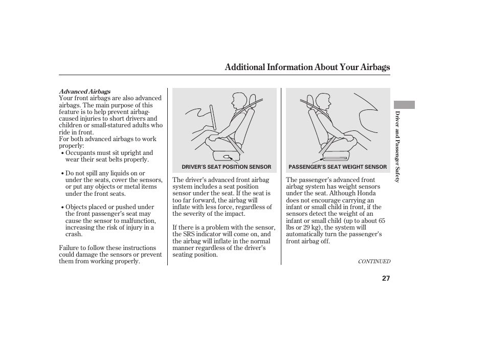 Additional information about your airbags | HONDA 2013 Ridgeline User Manual | Page 35 / 424