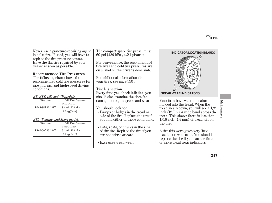 Tires | HONDA 2013 Ridgeline User Manual | Page 355 / 424