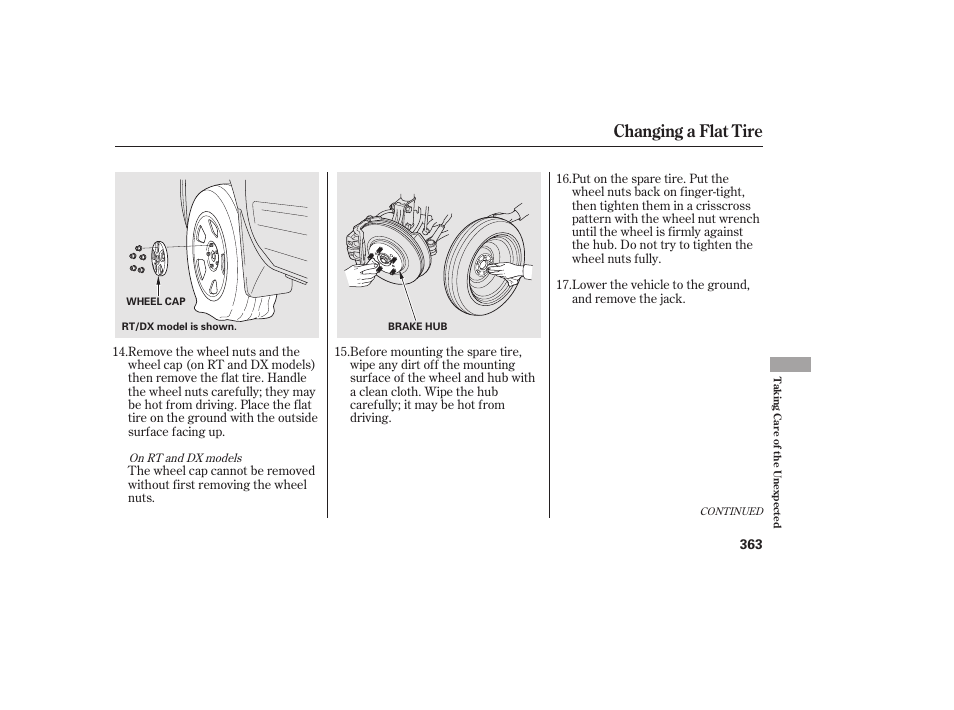 Changing a flat tire | HONDA 2013 Ridgeline User Manual | Page 371 / 424