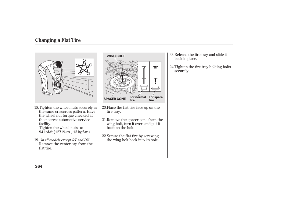 Changing a flat tire | HONDA 2013 Ridgeline User Manual | Page 372 / 424