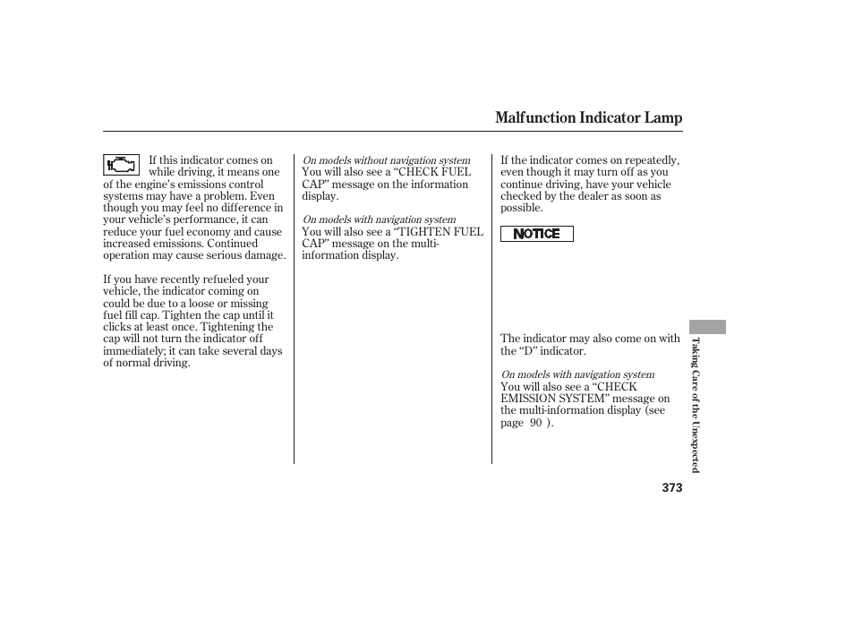 Malfunction indicator lamp | HONDA 2013 Ridgeline User Manual | Page 381 / 424