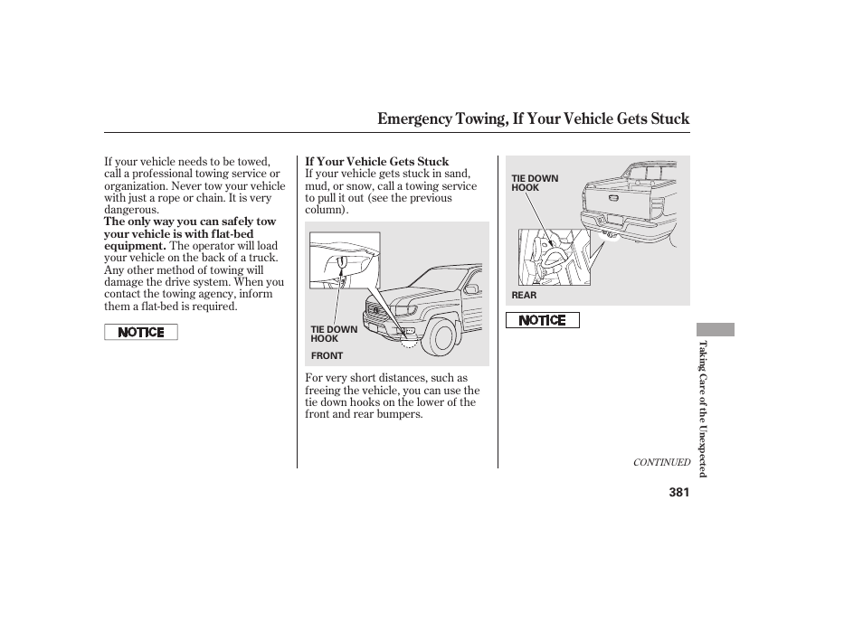 Emergency towing, if your vehicle gets stuck | HONDA 2013 Ridgeline User Manual | Page 389 / 424