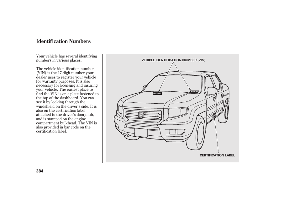 Identification numbers | HONDA 2013 Ridgeline User Manual | Page 392 / 424