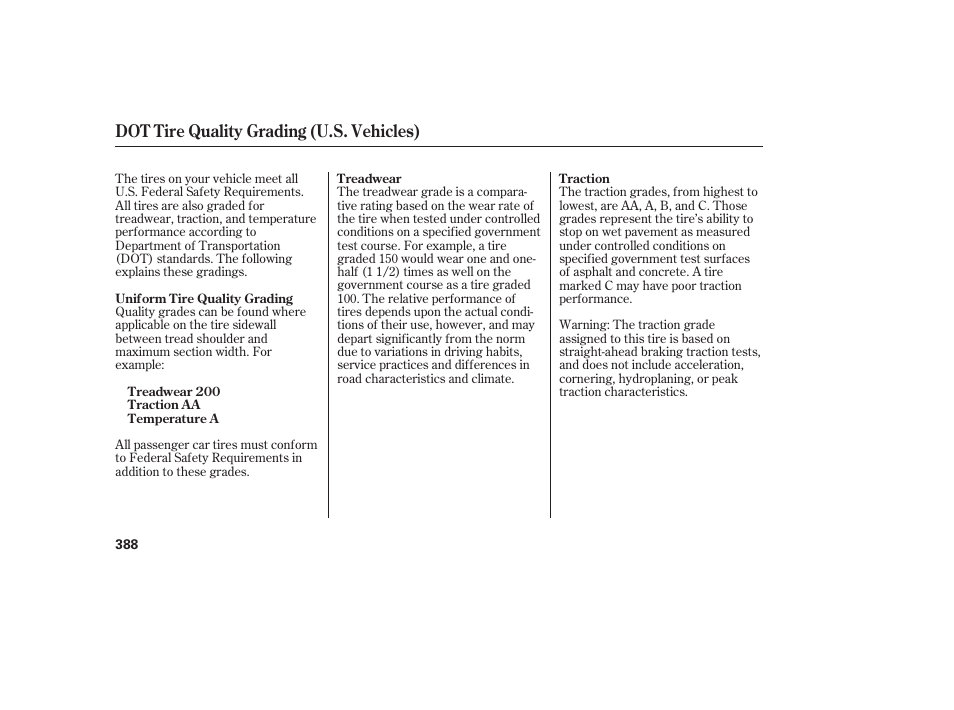 Dot tire quality grading (u.s. vehicles) | HONDA 2013 Ridgeline User Manual | Page 396 / 424