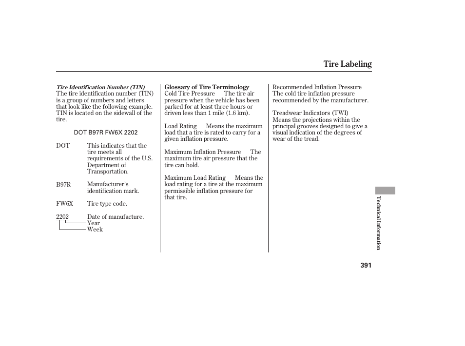 Tire labeling | HONDA 2013 Ridgeline User Manual | Page 399 / 424