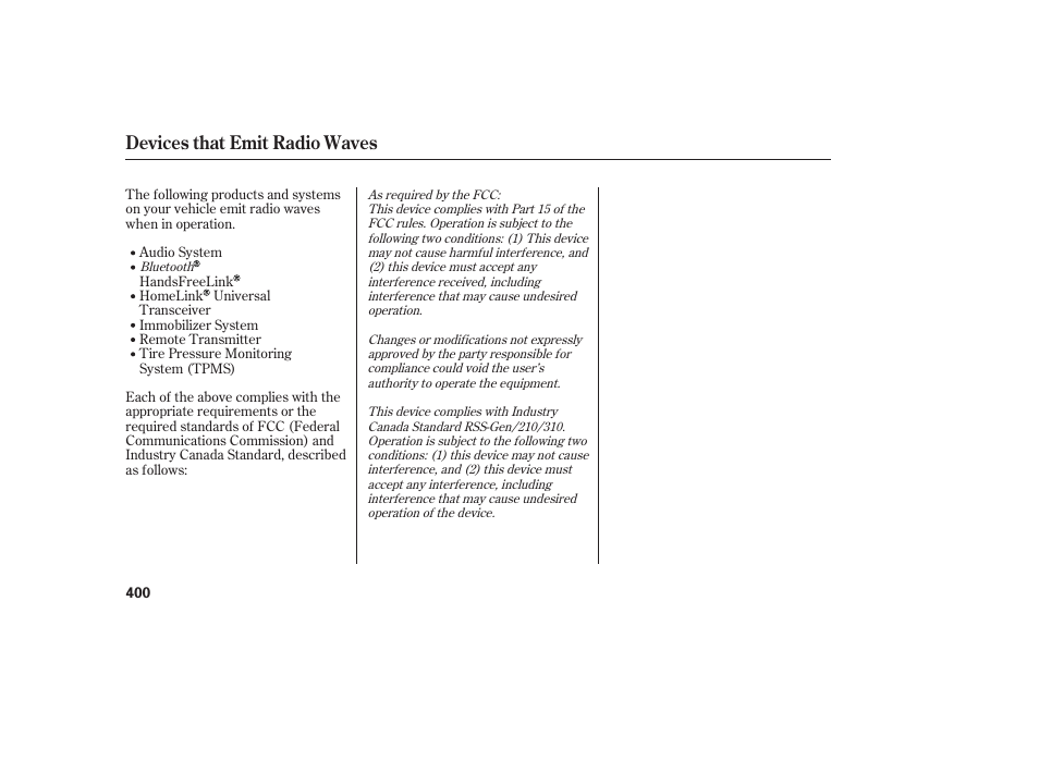 Devices that emit radio waves | HONDA 2013 Ridgeline User Manual | Page 408 / 424