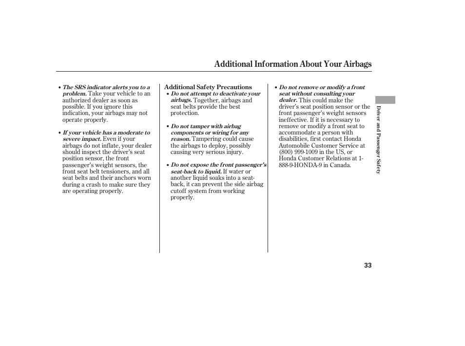 Additional information about your airbags | HONDA 2013 Ridgeline User Manual | Page 41 / 424