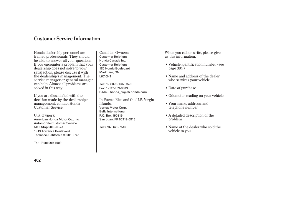 Customer service information | HONDA 2013 Ridgeline User Manual | Page 410 / 424