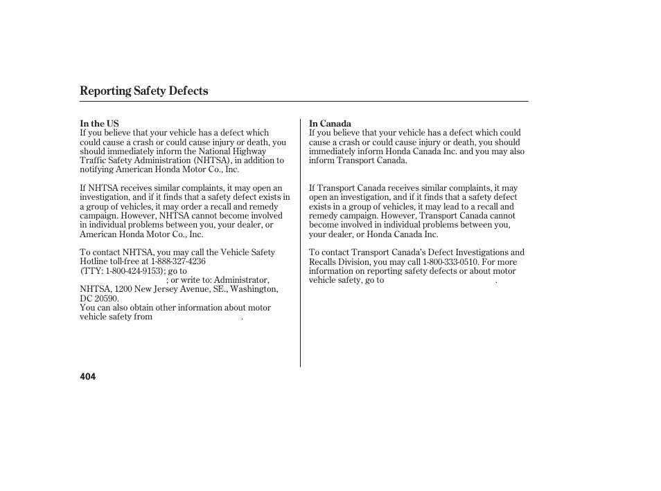 Reporting safety defects | HONDA 2013 Ridgeline User Manual | Page 412 / 424