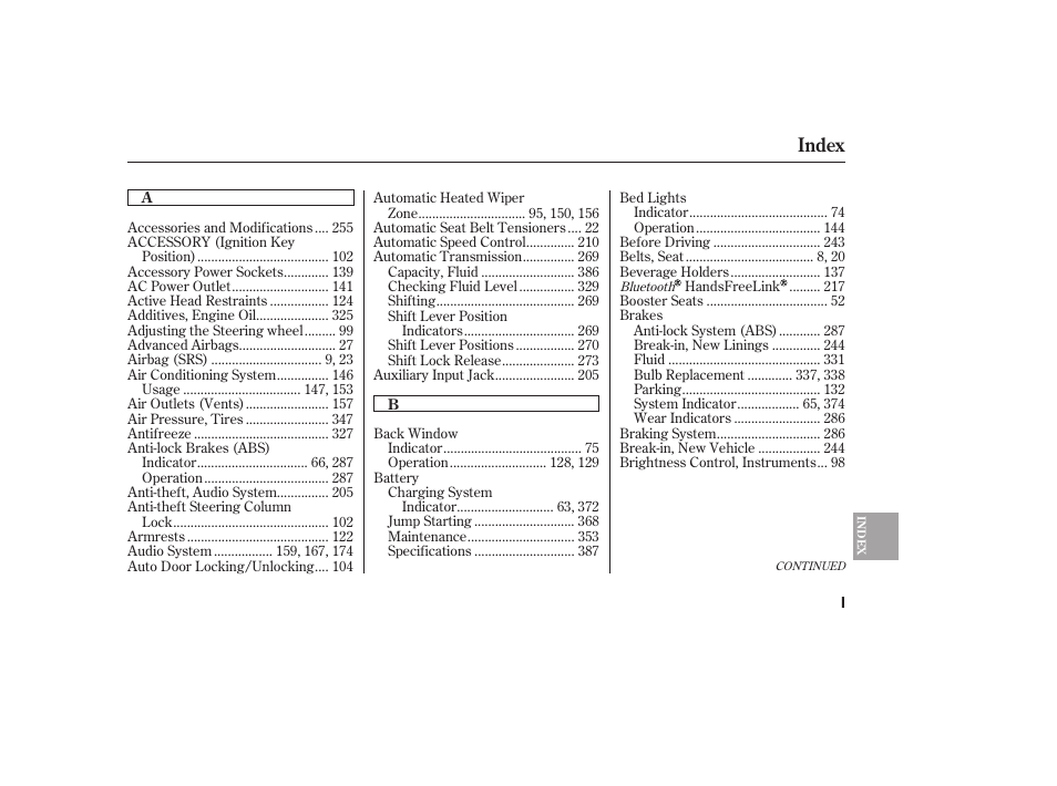 Index | HONDA 2013 Ridgeline User Manual | Page 414 / 424