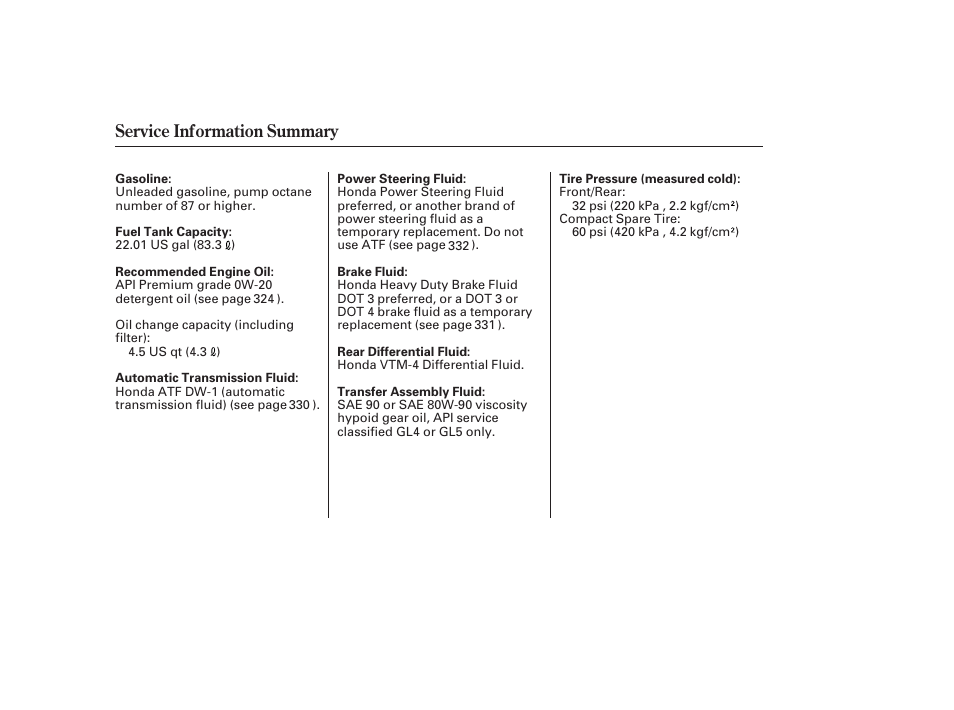 Service information summary | HONDA 2013 Ridgeline User Manual | Page 424 / 424