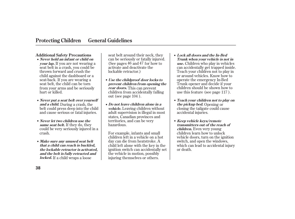 Protecting children general guidelines | HONDA 2013 Ridgeline User Manual | Page 46 / 424