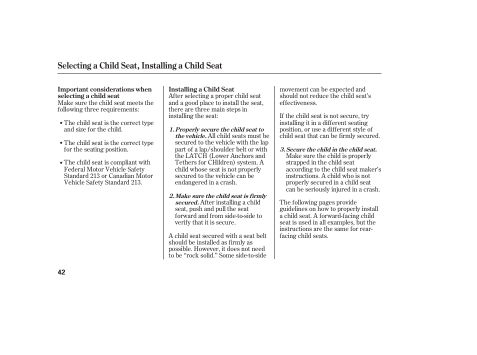 Selecting a child seat, installing a child seat | HONDA 2013 Ridgeline User Manual | Page 50 / 424