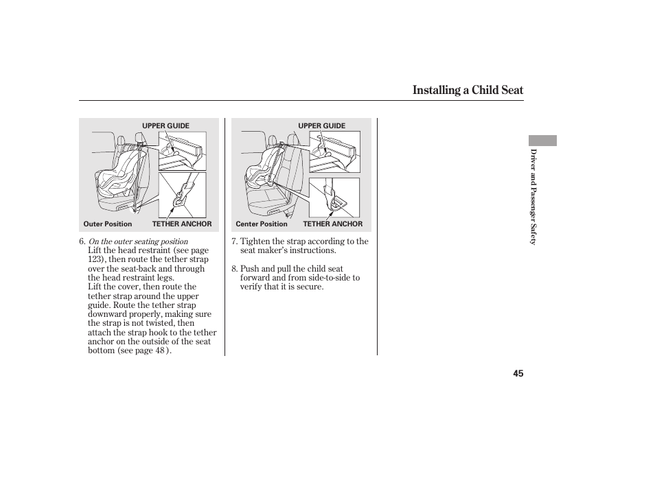 Installing a child seat | HONDA 2013 Ridgeline User Manual | Page 53 / 424