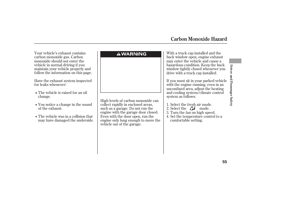 Carbon monoxide hazard | HONDA 2013 Ridgeline User Manual | Page 63 / 424