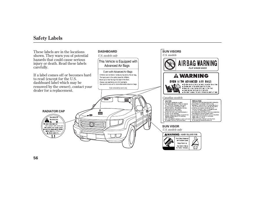 Safety labels | HONDA 2013 Ridgeline User Manual | Page 64 / 424