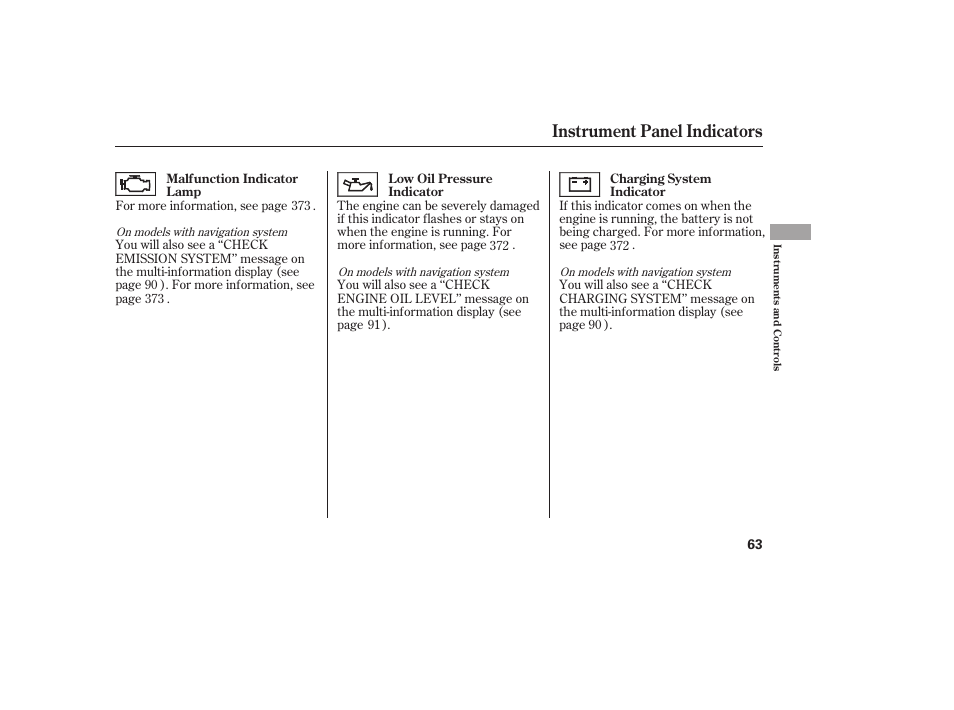 Instrument panel indicators | HONDA 2013 Ridgeline User Manual | Page 71 / 424