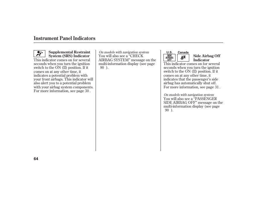 Instrument panel indicators | HONDA 2013 Ridgeline User Manual | Page 72 / 424