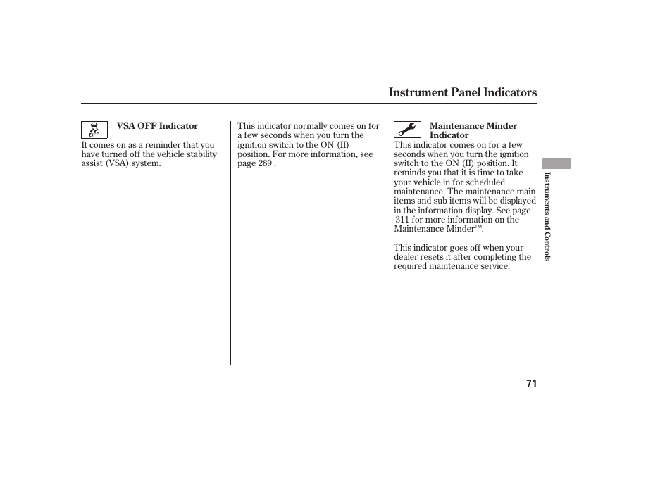 Instrument panel indicators | HONDA 2013 Ridgeline User Manual | Page 79 / 424