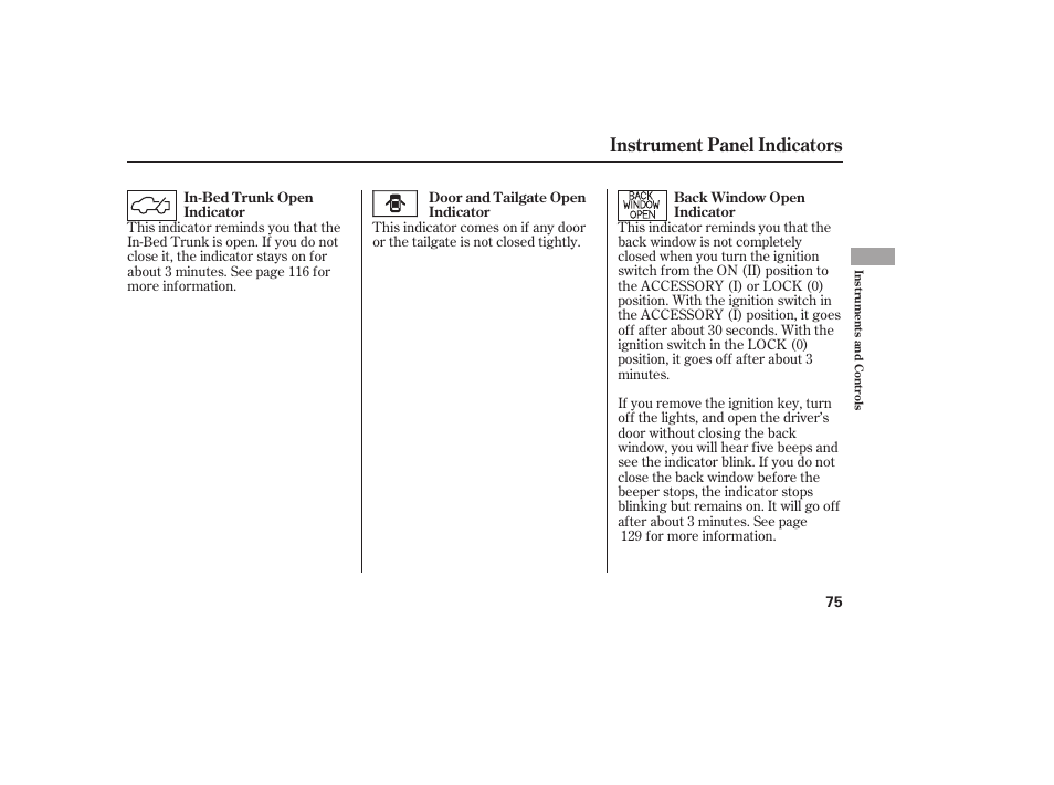 Instrument panel indicators | HONDA 2013 Ridgeline User Manual | Page 83 / 424