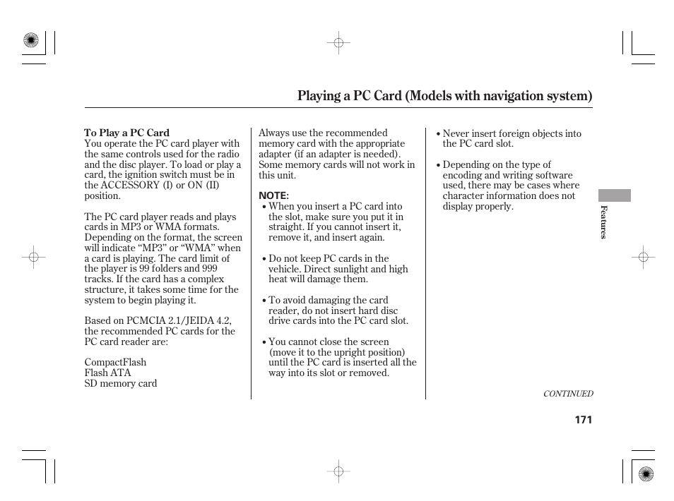 Playing a pc card (models with navigation system) | HONDA 2011 Civic Hybrid User Manual | Page 177 / 374