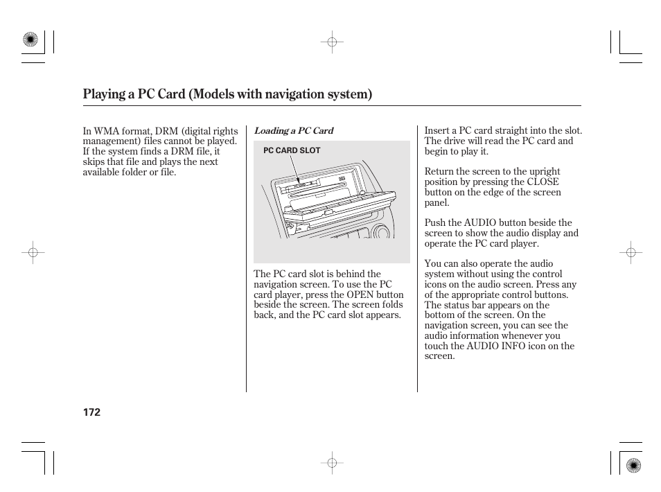 Playing a pc card (models with navigation system) | HONDA 2011 Civic Hybrid User Manual | Page 178 / 374