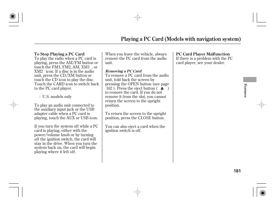 Playing a pc card (models with navigation system) | HONDA 2011 Civic Hybrid User Manual | Page 187 / 374