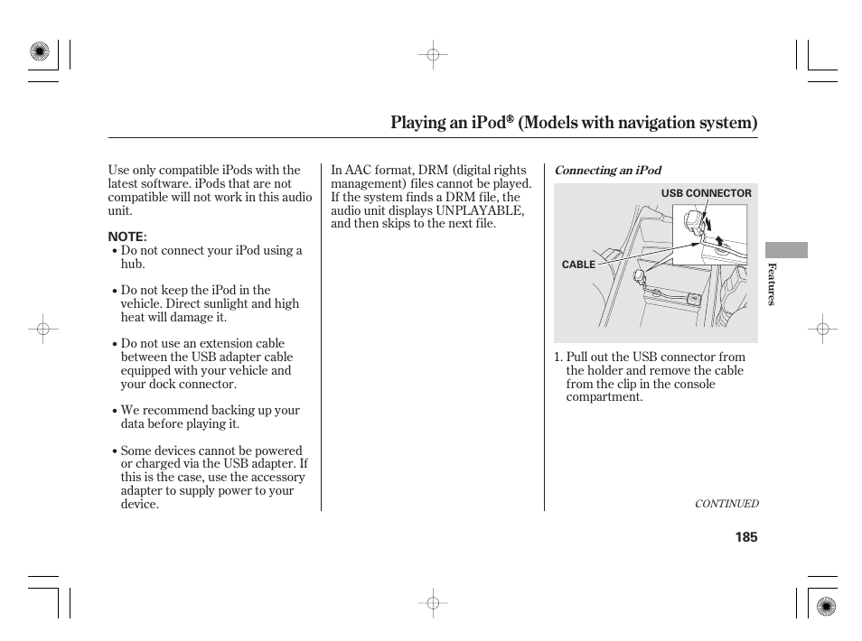 Playing an ipod (models with navigation system) | HONDA 2011 Civic Hybrid User Manual | Page 191 / 374