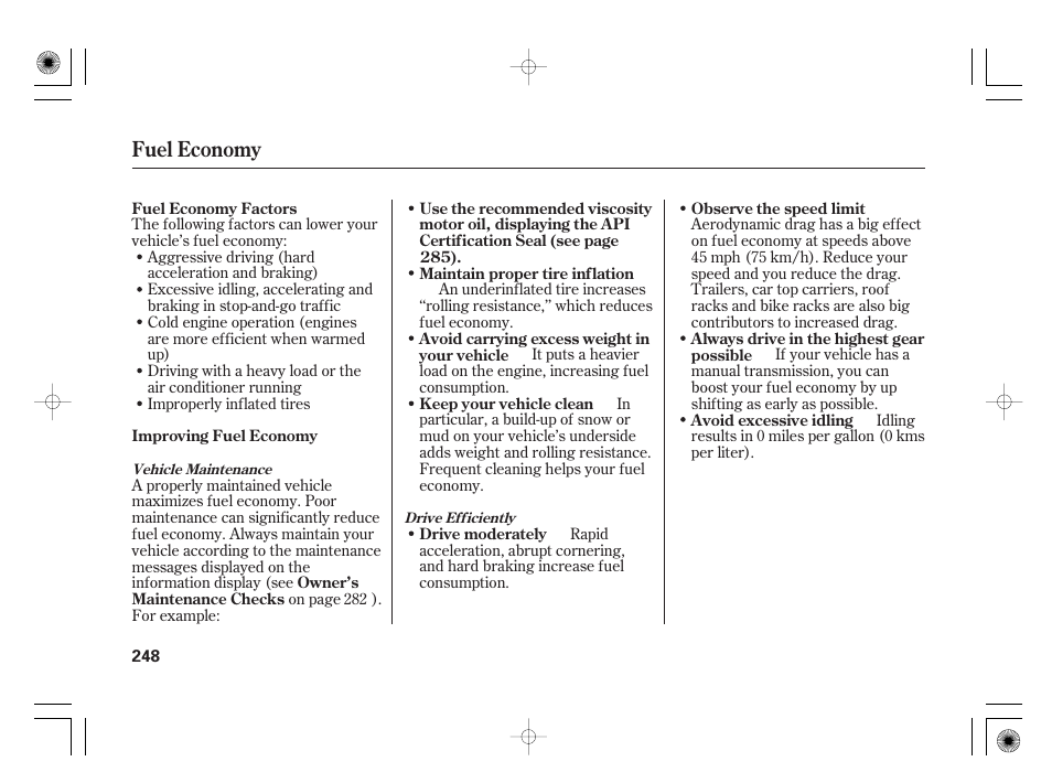 Fuel economy | HONDA 2011 Civic Hybrid User Manual | Page 254 / 374