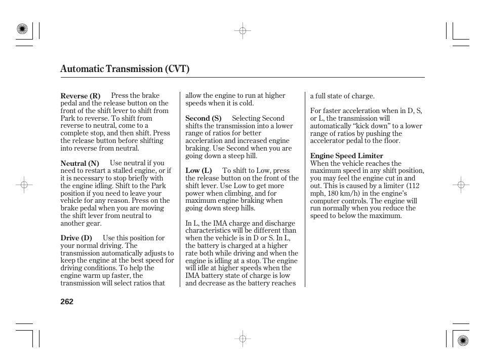 Automatic transmission (cvt) | HONDA 2011 Civic Hybrid User Manual | Page 268 / 374