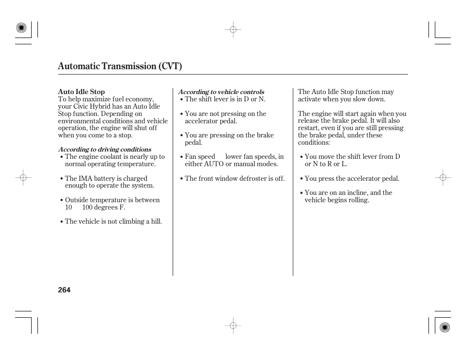 Automatic transmission (cvt) | HONDA 2011 Civic Hybrid User Manual | Page 270 / 374