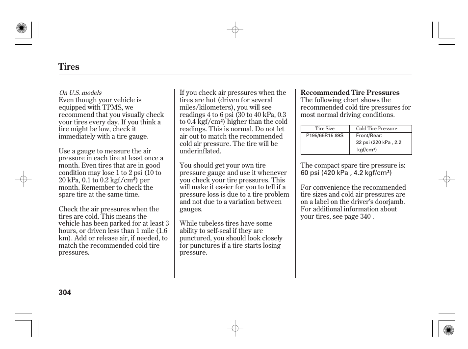 Tires | HONDA 2011 Civic Hybrid User Manual | Page 310 / 374