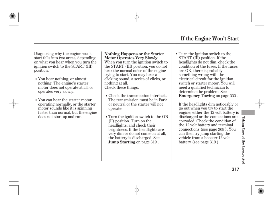 If the engine won’t start | HONDA 2011 Civic Hybrid User Manual | Page 323 / 374