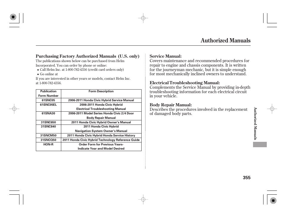 Authorized manuals | HONDA 2011 Civic Hybrid User Manual | Page 361 / 374